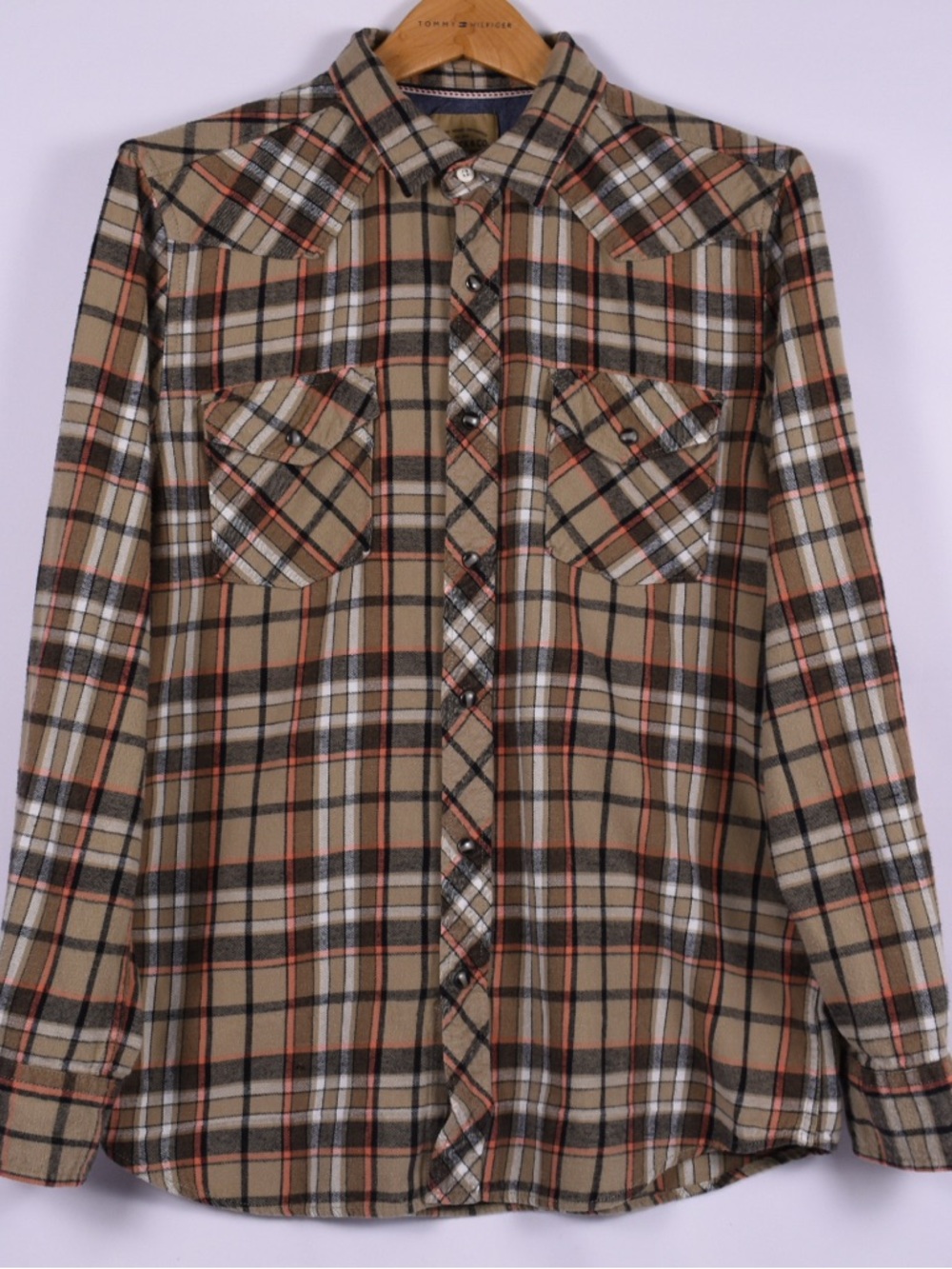 Roebuck & Co Tan Plaid Western Flannel Shirt L